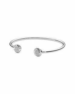Pandora Silver CZ Logo Open Bangle Bracelet Women