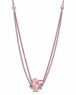 Pandora Moments 14K Rose Gold Plated Crystal Layered Flower Necklace Women
